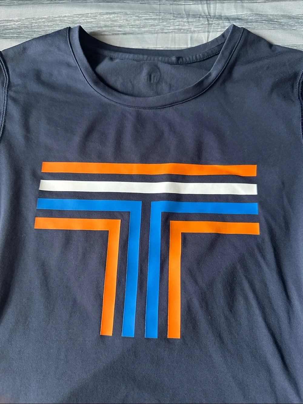 Tory Burch Women's Navy Short-Sleeve Active Tee with Orange & Blue Stripe Logo